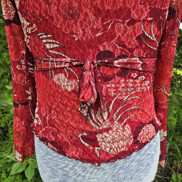 90s Red Floral Paisley Lace Bell Sleeved Fairycore Whimisgoth Style Top Small - Picture 4 of 10